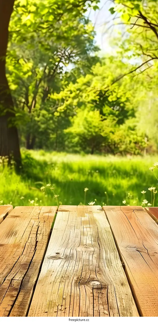 Wooden Tabletop With Blurred Summer Nature Background