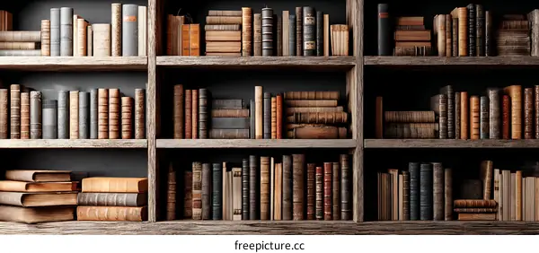Vintage Wooden Bookshelf Filled with Antique Books