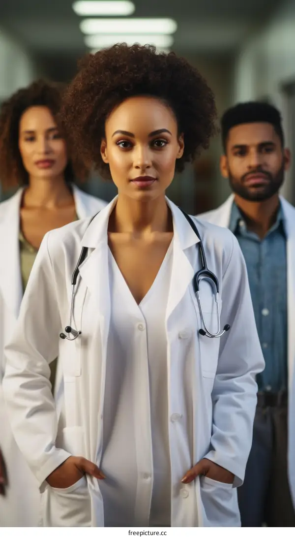 Three healthcare professionals in a hospital hallway