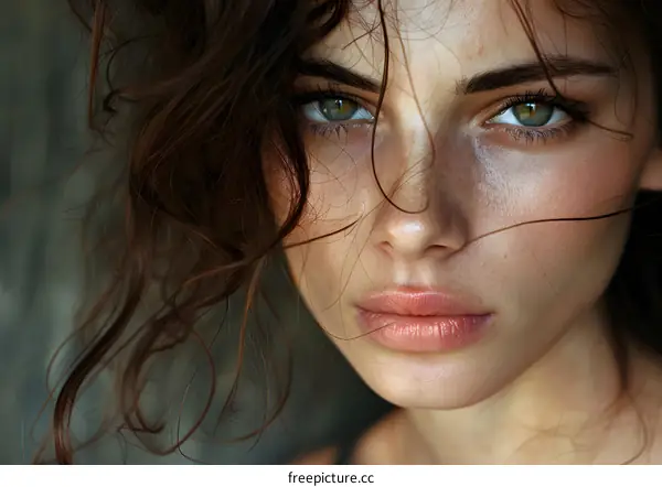 Portrait of a young woman with freckles and green eyes