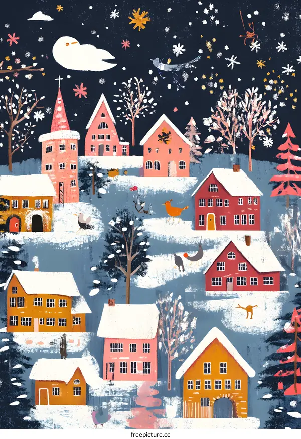 Snowy Winter Village Illustration With Colorful Houses