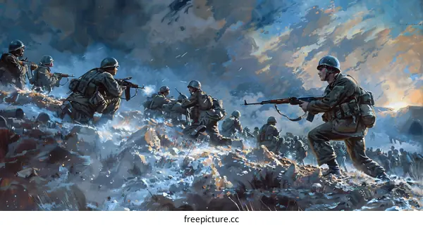 A group of soldiers are advancing through the snow during the Battle of Nganh Luong in 1972