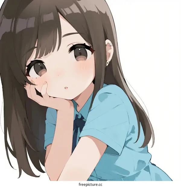 Anime girl with long hair and blue shirt looking thoughtful