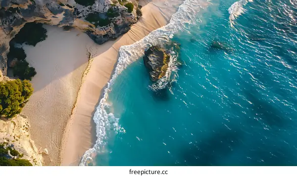 Aerial View of White Sand Beach and Turquoise Ocean Water