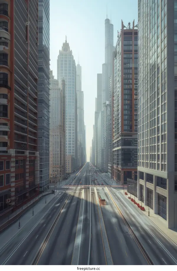 Empty City Street Amidst Skyscrapers