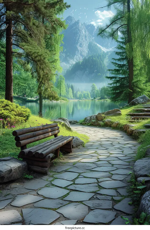 Bench in a park with a view of a lake and mountains