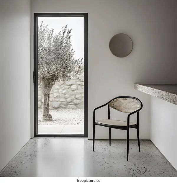 Modern Minimalist Interior Design with Black Chair and Window View