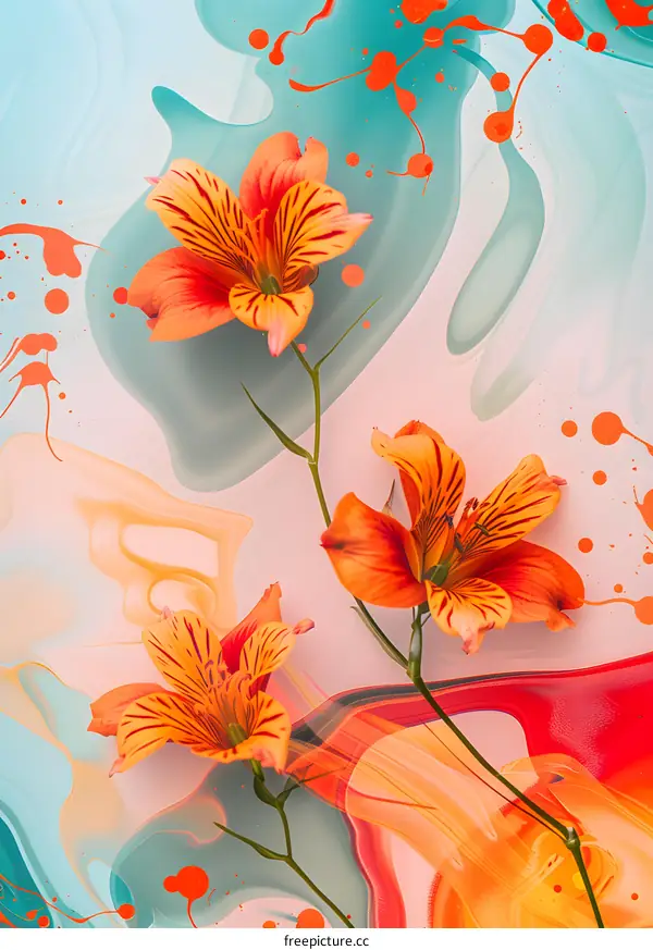 Orange Flowers on Abstract Watercolor Background
