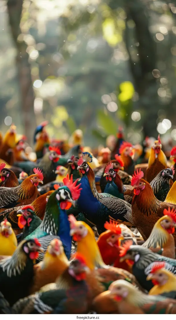 A group of chickens and peafowl in a barnyard