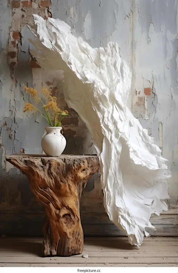White crumpled paper sculpture next to a wooden stump with a vase of flowers
