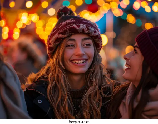 Two Young Women Laughing at Christmas Market
