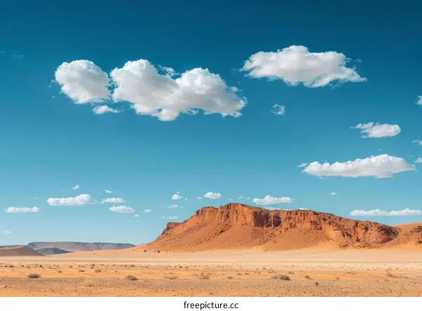 Large red rock formation in the middle of a desert with blue sky and white clouds