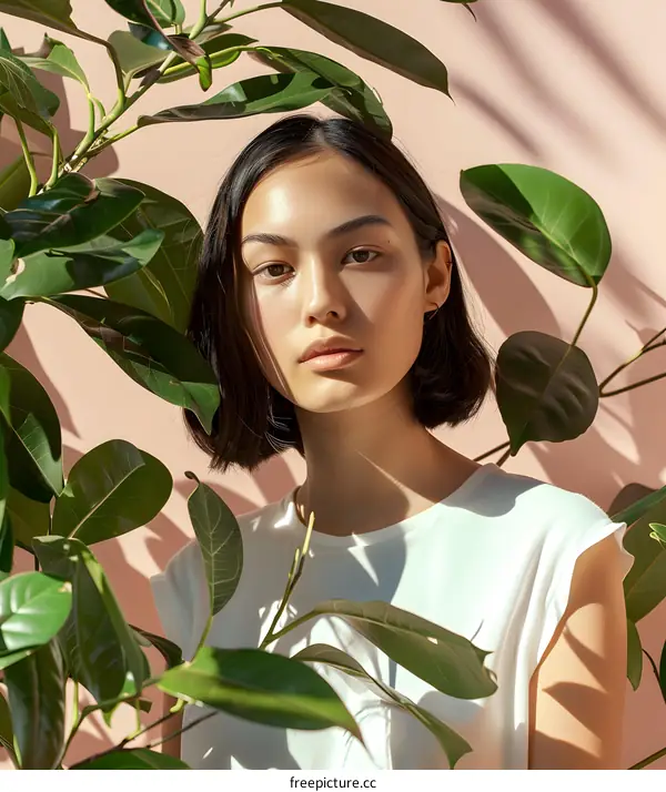 Woman with Green Leaves Portrait