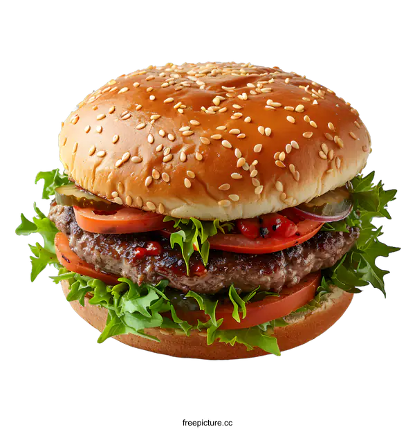 [Transparent Background PNG]yummy beef burger with fresh vegetables