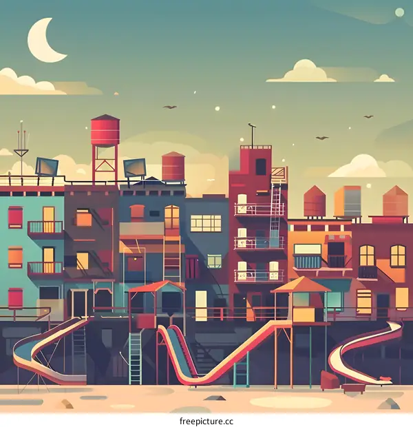 Colorful Cityscape Illustration with Water Towers and Slides