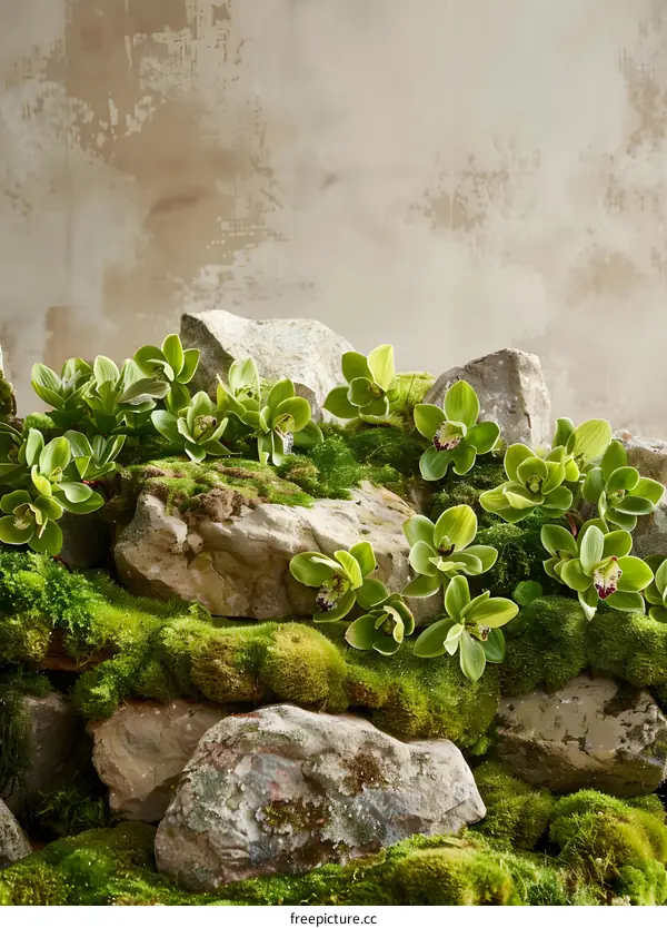 Green Orchid Flowers on Rocks and Moss