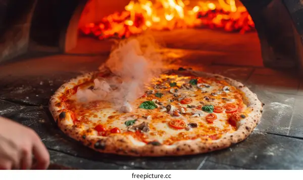 A pizzaiolo is taking a pizza out of a wood-fired oven