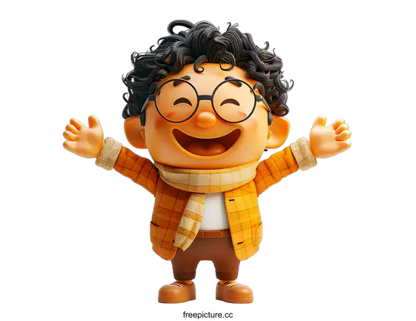 [Transparent Background PNG]3D cartoon character of a boy with curly hair and glasses, wearing a yellow jacket and brown pants, with his arms in the air