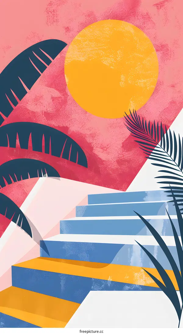 Abstract Summer Illustration with Blue Steps and Palm Leaves