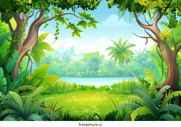 Tropical Rainforest with a River and Lush Green Foliage