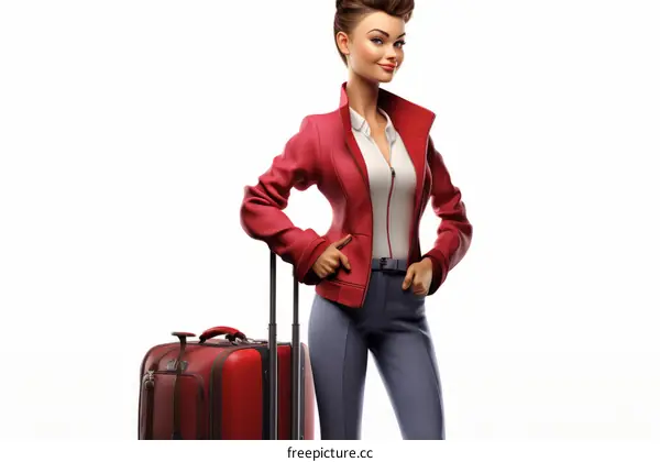 Confident businesswoman in red suit standing with luggage