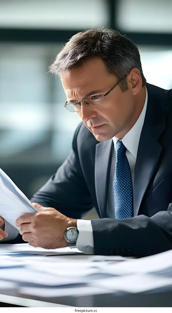 Serious Businessman Reading Documents in Office