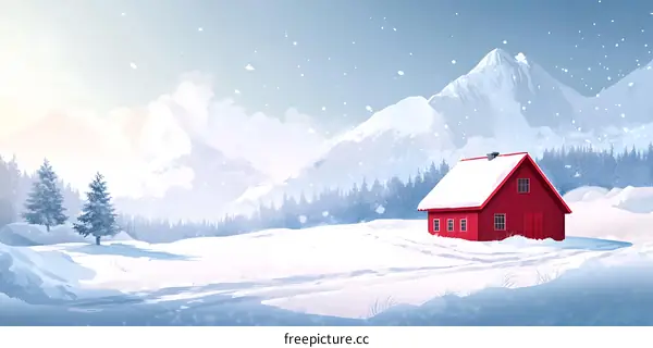 Red Cabin in a Snowy Mountain Landscape