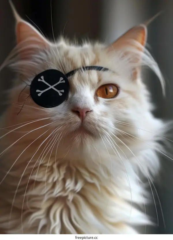 A ginger cat wearing an eye patch with a skull and crossbones on it