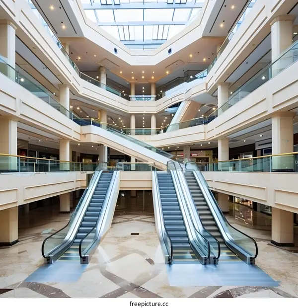 Modern Empty Shopping Mall Interior With Two Escalators