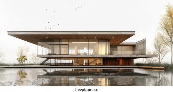 Modern house with large glass windows and a pool