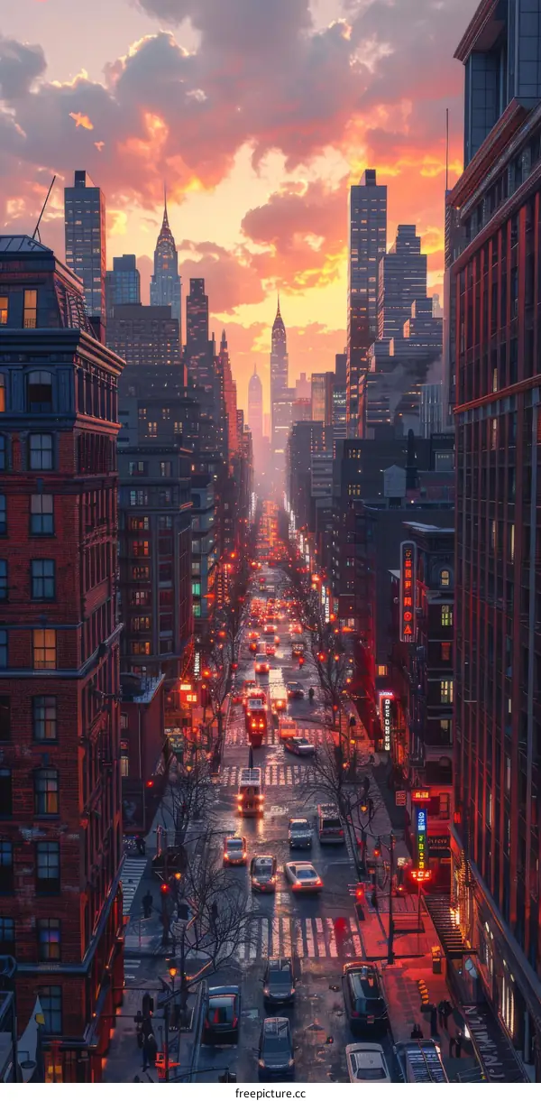 Cityscape at Sunset with Traffic