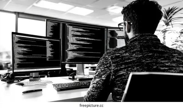 Programmer Working on Multiple Monitors in Office