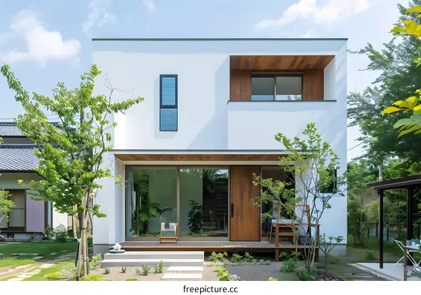 Modern White House with Wooden Accents and a Small Garden