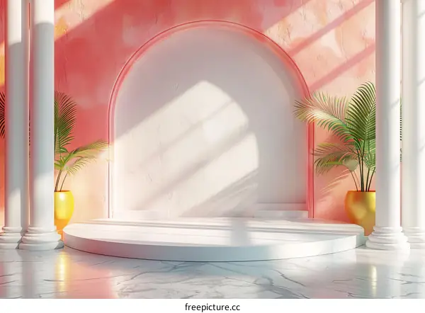 Empty Stage with Coral Walls and Marble Floor