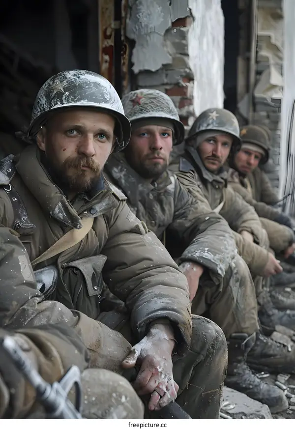 Four soldiers take a break during the battle.