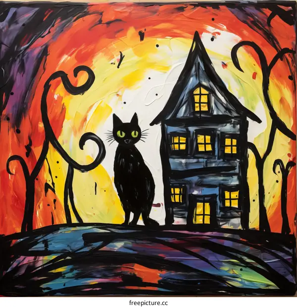Black cat and haunted house with bright yellow moon