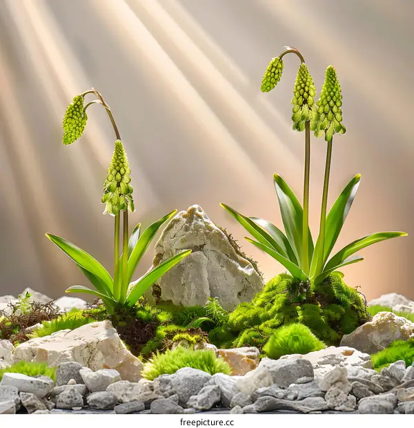Green Plants Growing in Moss and Rocks