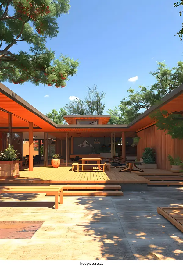 Modern Courtyard House with Wooden Deck