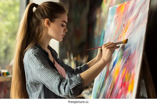 Woman Artist Painting Abstract Art In Studio