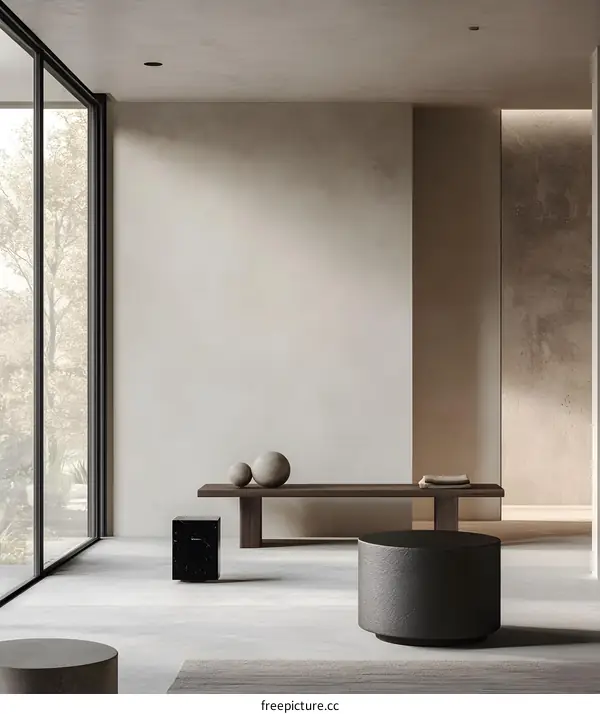 Minimalist Modern Interior Design with Large Window and Wooden Bench