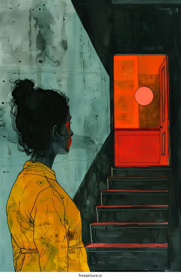 Woman in Yellow Standing by a Doorway