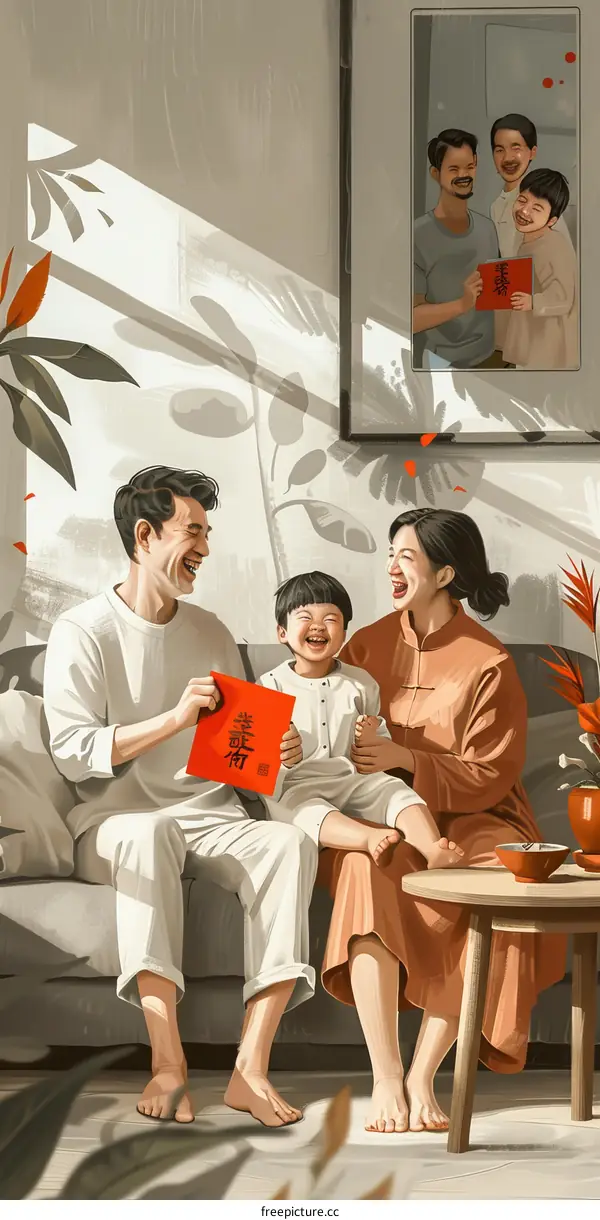 A happy family of three is sitting on the sofa in the living room, celebrating the Spring Festival