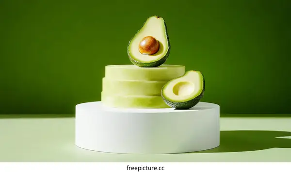 Avocado halves on a white pedestal against a green background
