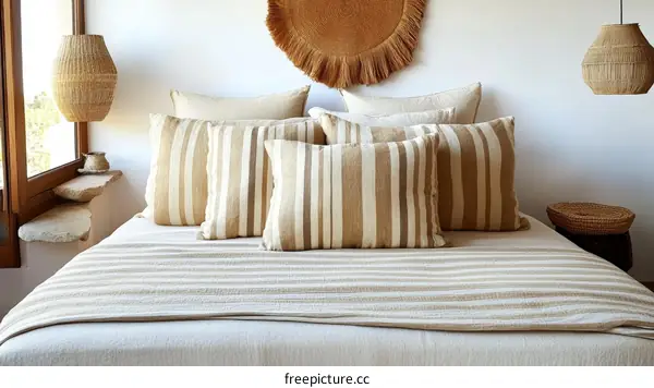 Beige Striped Bedding Set in a Cozy Bedroom