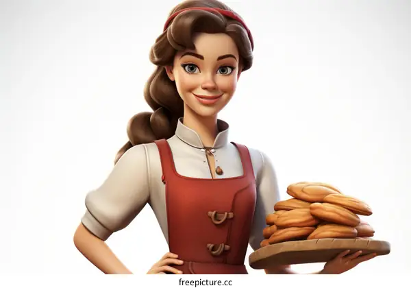 A young woman holding a tray of bread