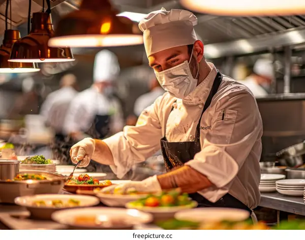 Chef wearing a mask and gloves while preparing a dish in a restaurant kitchen