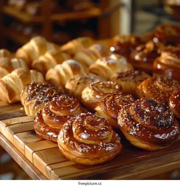 Freshly baked pastries on a wooden table