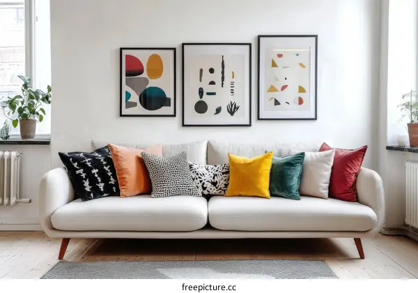 Modern Living Room with Colorful Cushions and Abstract Art
