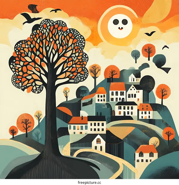 Autumn Village Landscape Illustration with Birds and Sun