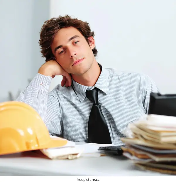 Businessman Leaning Head on Hand at Desk